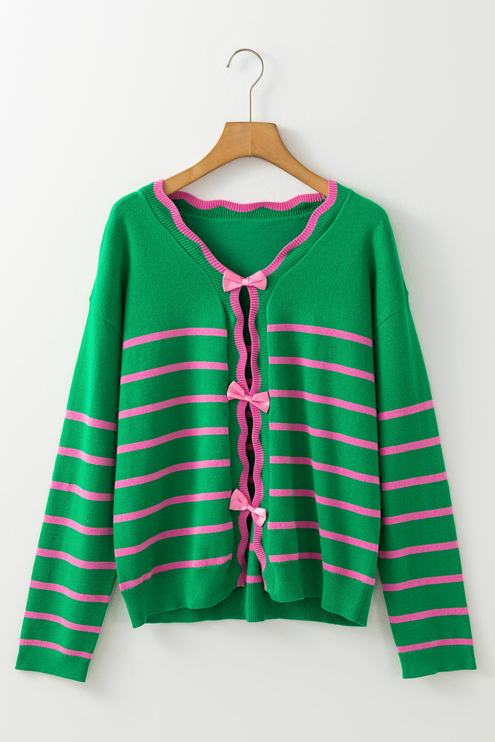 Bow Striped V-Neck Long Sleeve Cardigan-TOPS / DRESSES-[Adult]-[Female]-2022 Online Blue Zone Planet