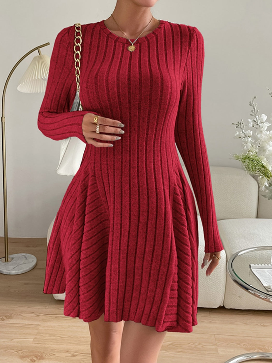 Blue Zone Planet | Ribbed Round Neck Long Sleeve Dress-TOPS / DRESSES-[Adult]-[Female]-2022 Online Blue Zone Planet