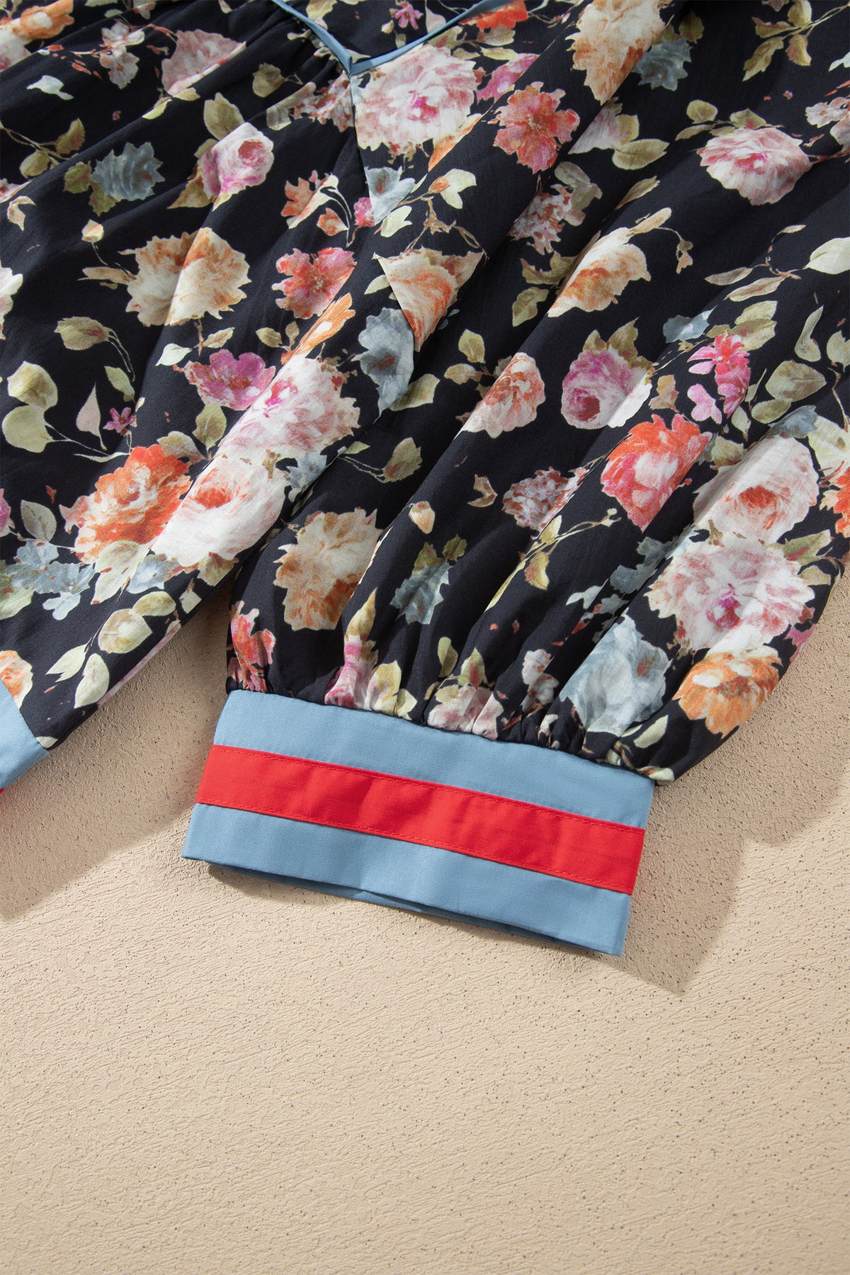 Black Floral Print Contrast Trim Tie V Neck Bracelet Sleeve Blouse-Bracelet-[Adult]-[Female]-2022 Online Blue Zone Planet
