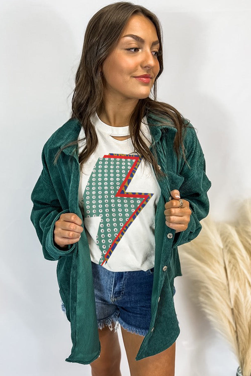 White Rhinestone Decor Bolt Graphic Ripped Western Tee-Graphic/Graphic Tees-[Adult]-[Female]-2022 Online Blue Zone Planet