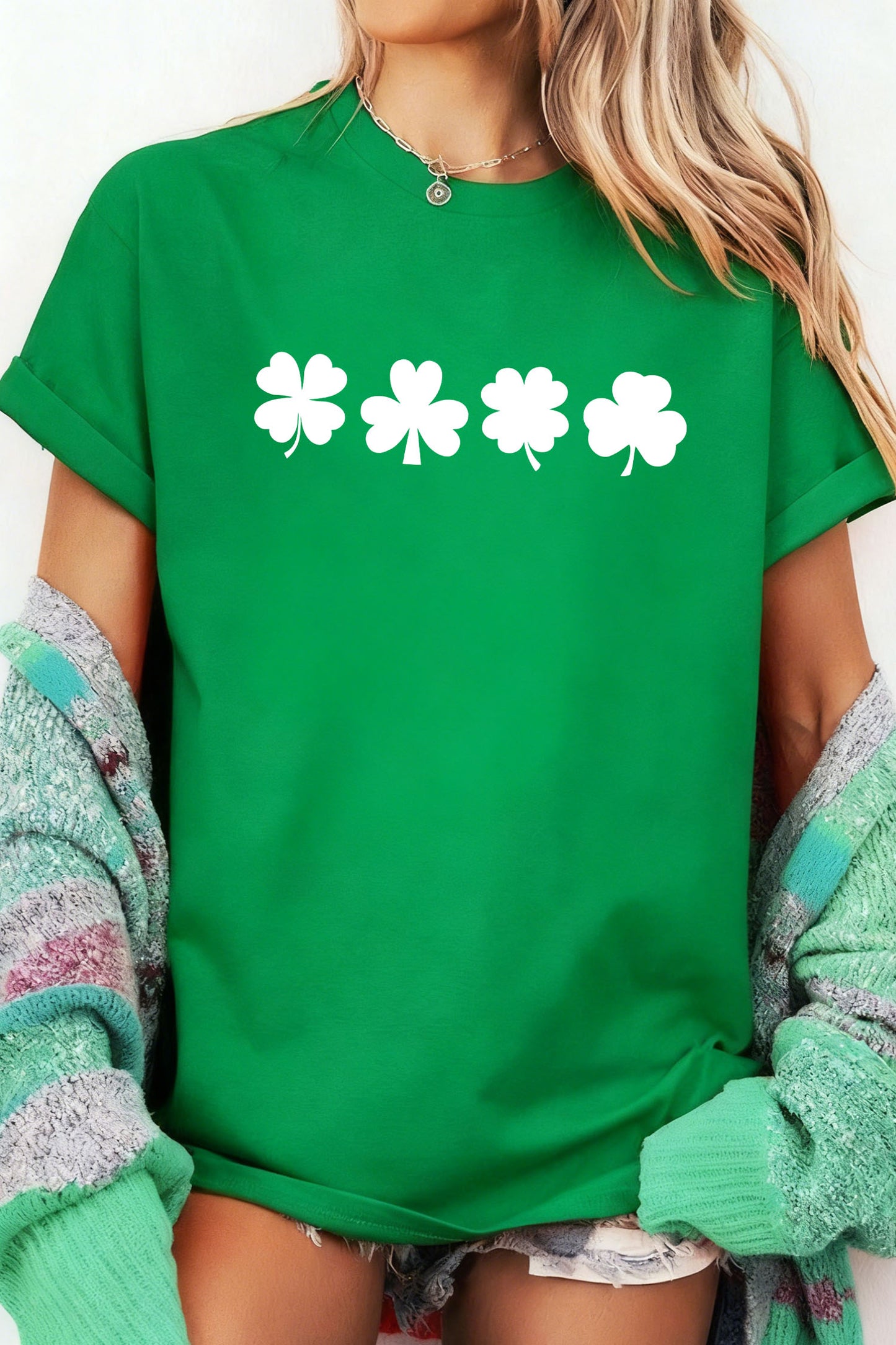 Bright Green St Patricks Day Clover Printed Casual T Shirt-Graphic/Graphic Tees-[Adult]-[Female]-Bright Green-S-2022 Online Blue Zone Planet