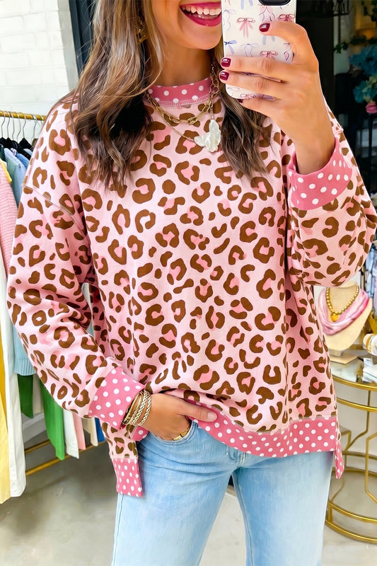 Pink Leopard Polka Dot Colorblock Trim Long Sleeve Top-Tops/Long Sleeve Tops-[Adult]-[Female]-Pink-S-2022 Online Blue Zone Planet
