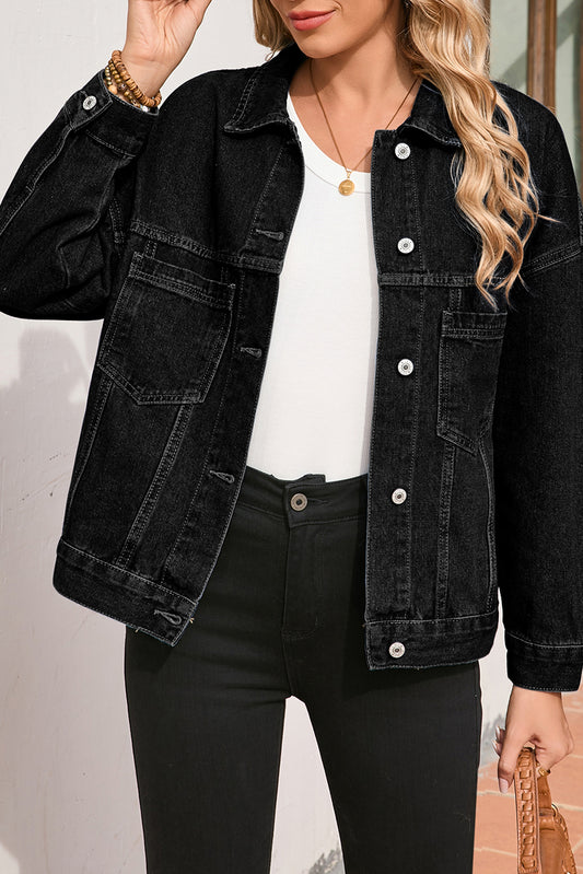 Blue Zone Planet | Black Washed Oversize Pocketed Denim Jacket-Outerwear/Denim jackets-[Adult]-[Female]-Black-S-2022 Online Blue Zone Planet