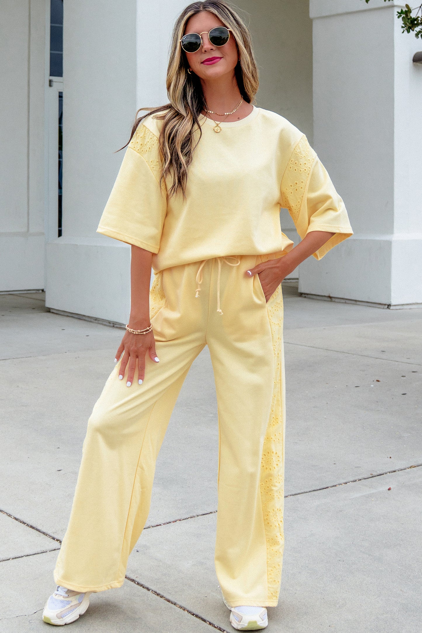 Light Green Lace Patchwork Half Sleeve Top Elastic Waist Pants Two Piece Set-Two Piece Sets/Pant Sets-[Adult]-[Female]-2022 Online Blue Zone Planet