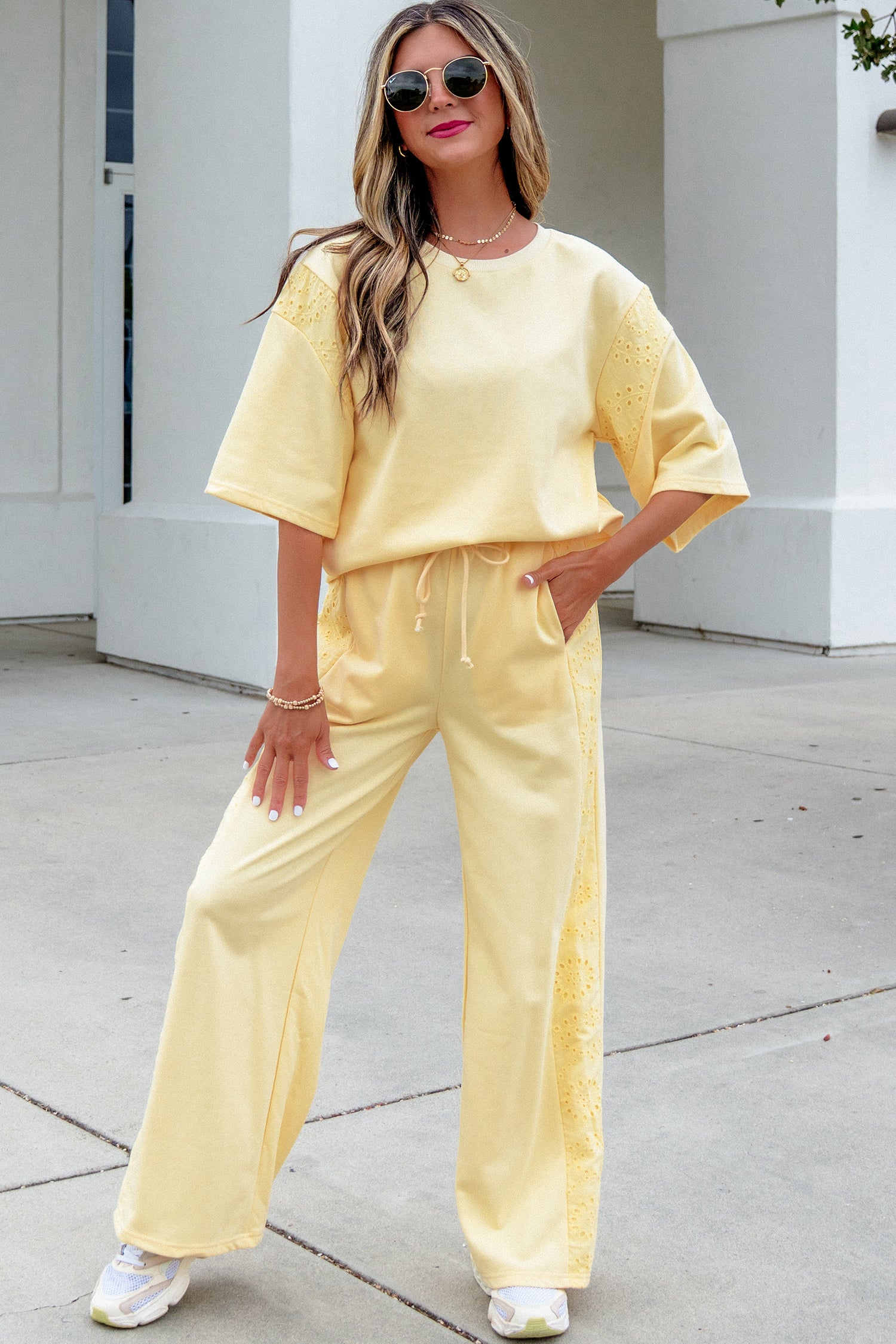 Light Green Lace Patchwork Half Sleeve Top Elastic Waist Pants Two Piece Set-Two Piece Sets/Pant Sets-[Adult]-[Female]-2022 Online Blue Zone Planet