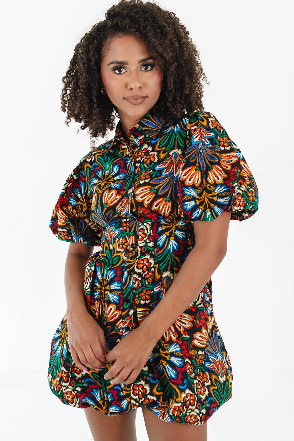 Multicolour Floral Puff Short Sleeve Shirt Mini Dress-Dresses/Mini Dresses-[Adult]-[Female]-2022 Online Blue Zone Planet