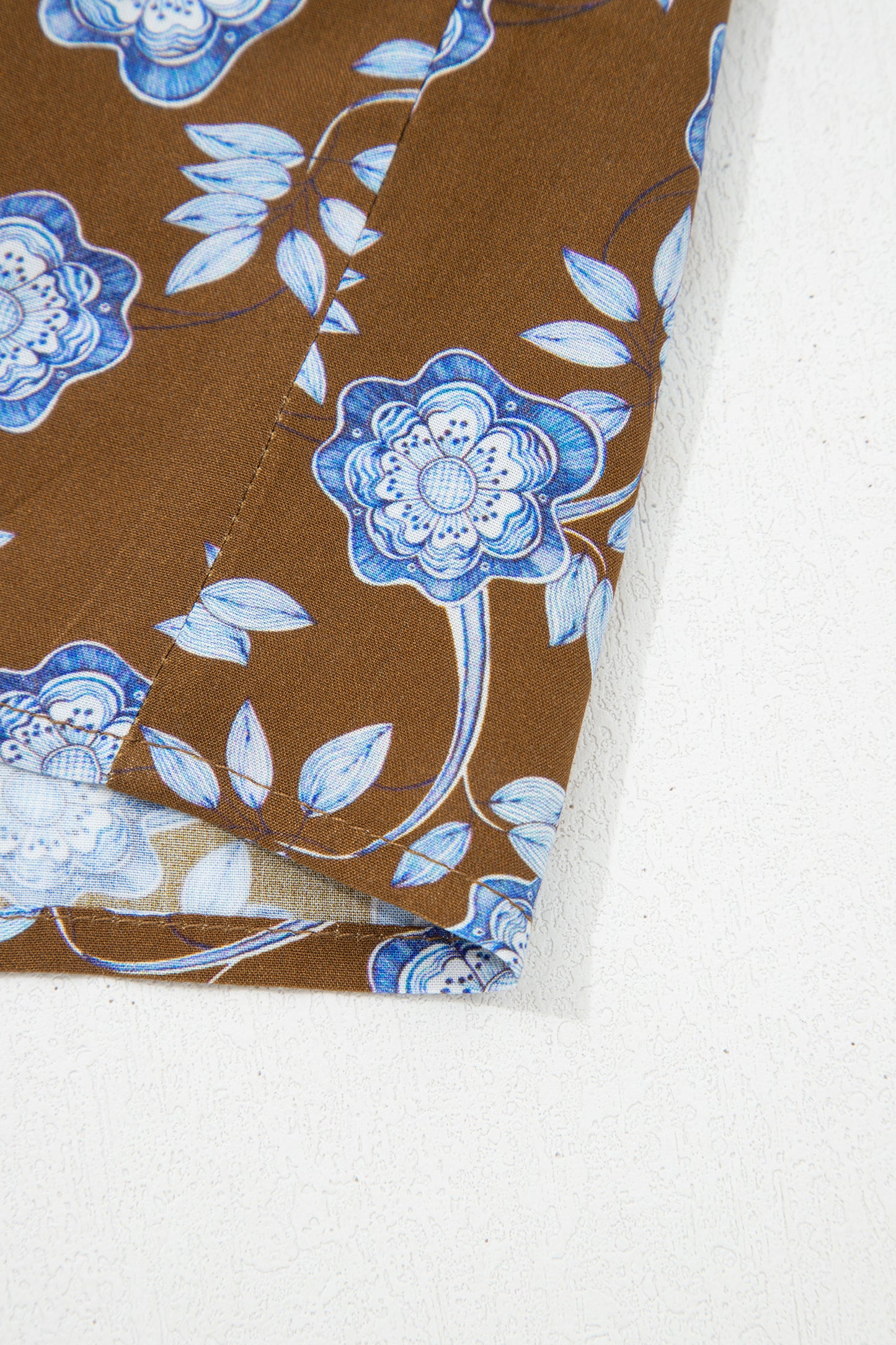 Brown Floral Print Ruffled Detail Shirt Collar Button Down Long Sleeve Dress