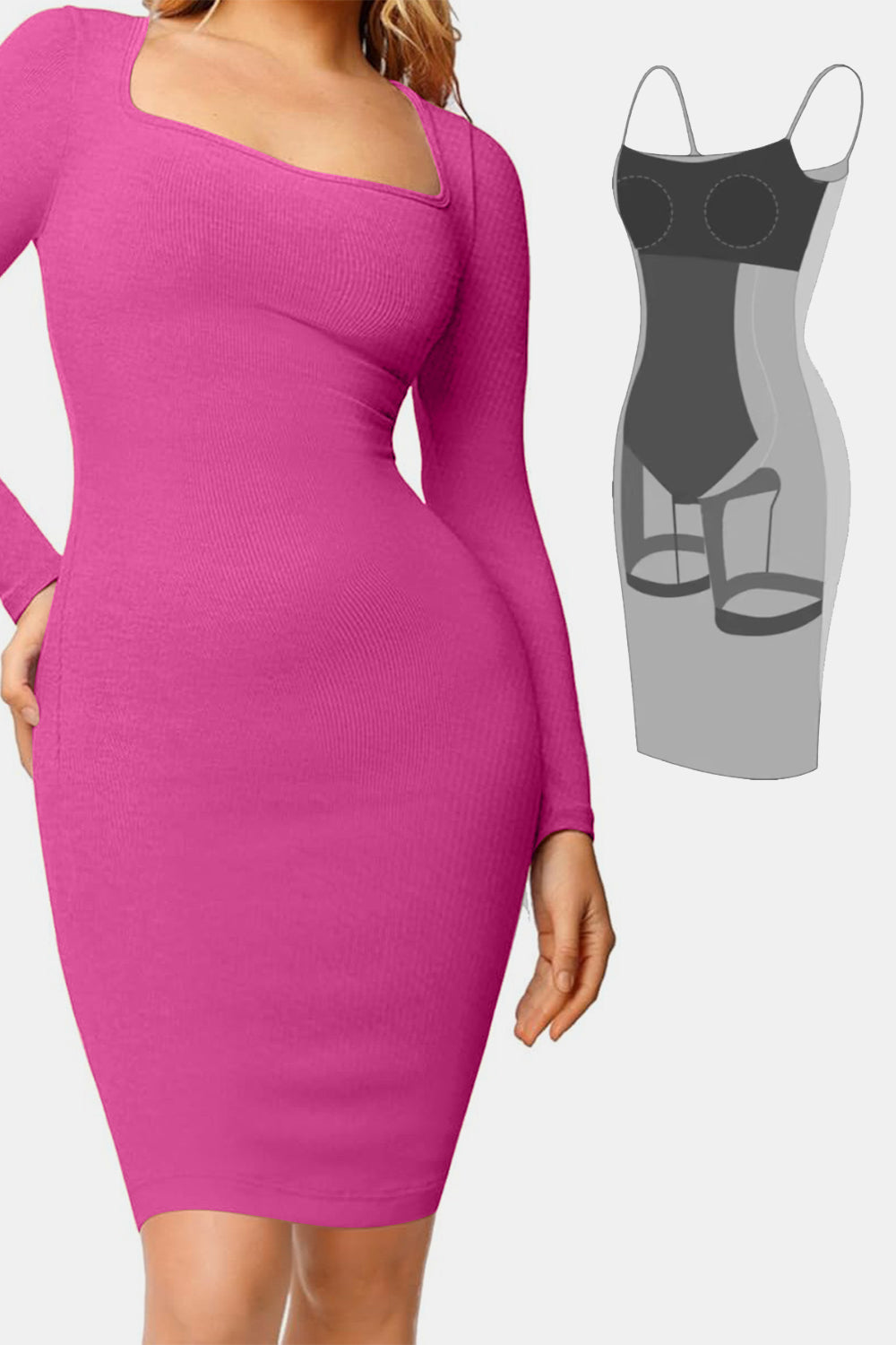 Blue Zone Planet | Basic Bae Full Size Built-In Shapewear Square Neck Long Sleeve Dress-TOPS / DRESSES-[Adult]-[Female]-Fuchsia Pink-S-2022 Online Blue Zone Planet