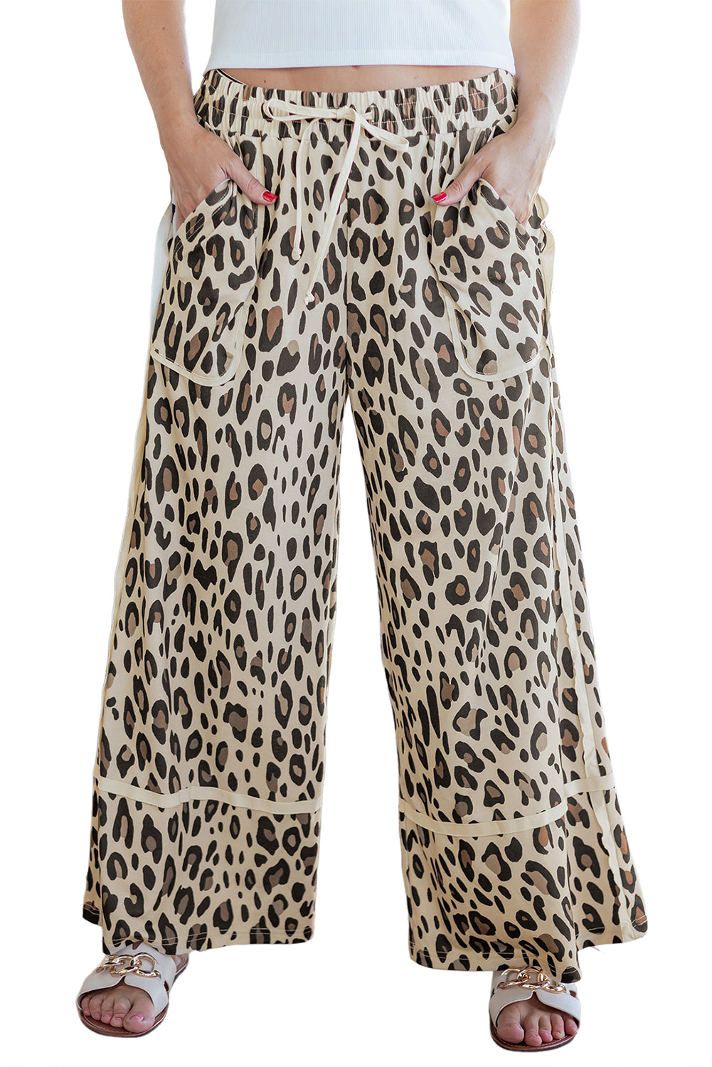 Khaki Leopard Wide Leg Cropped Pants-Bottoms/Pants & Culotte-[Adult]-[Female]-2022 Online Blue Zone Planet