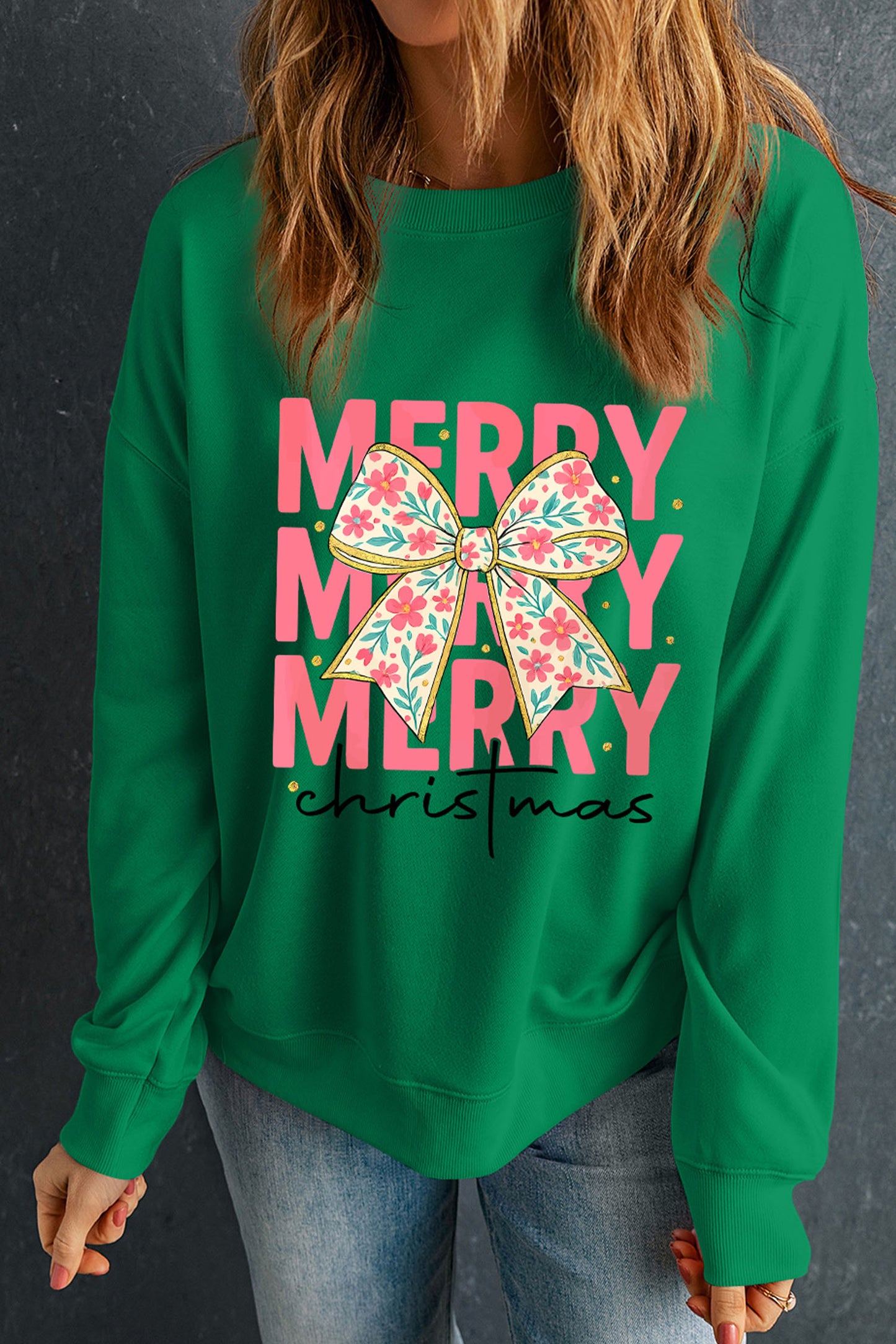 Dark Green MERRY Christmas Floral Bow Graphic Drop Shoulder Sweatshirt-Graphic/Graphic Sweatshirts-[Adult]-[Female]-2022 Online Blue Zone Planet
