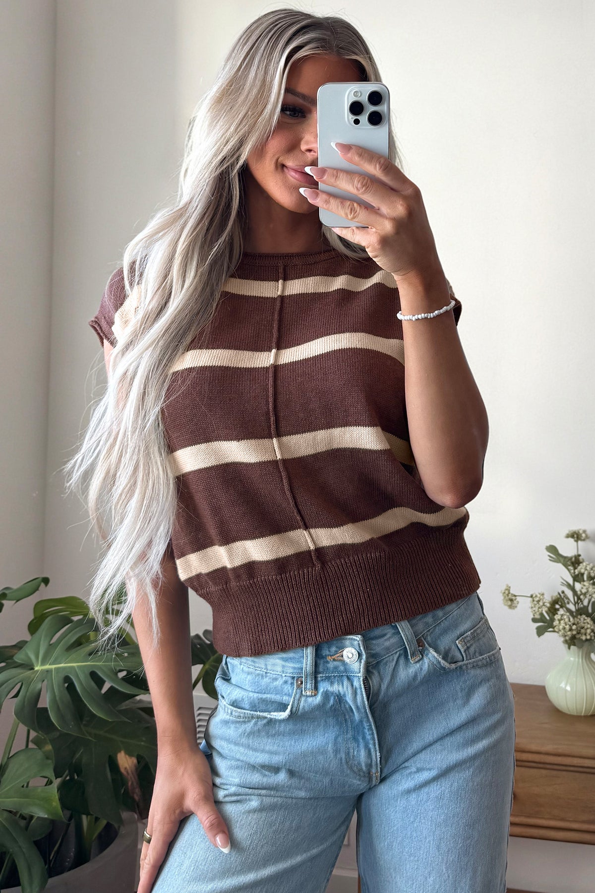 Brown Stripe Knit Western Short Sleeve Sweater-Sweaters & Cardigans/Short Sleeve Sweaters-[Adult]-[Female]-2022 Online Blue Zone Planet
