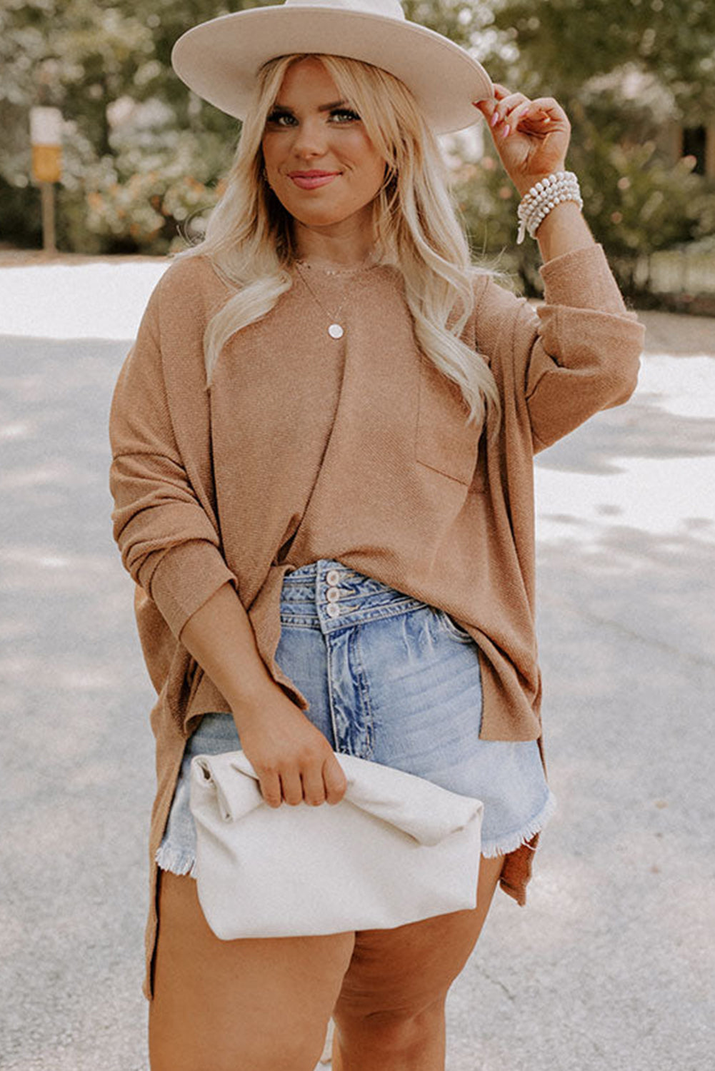 Parchment Plus Size Drop Shoulder Knit Tunic Top-Plus Size/Plus Size Tops/Plus Size Long Sleeve Tops-[Adult]-[Female]-2022 Online Blue Zone Planet
