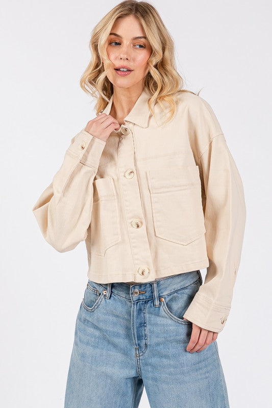 Blue Zone Planet | bytos Button Down Cropped Denim Jacket with Patch Pockets-TOPS / DRESSES-[Adult]-[Female]-Tan-S-2022 Online Blue Zone Planet