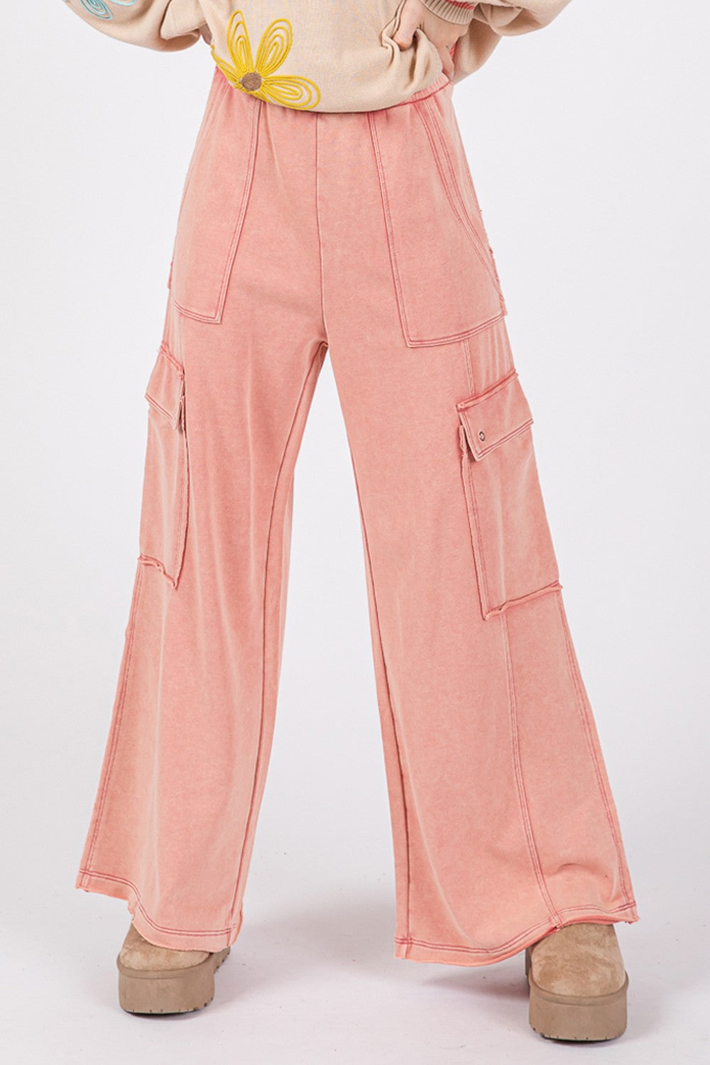 SAGE + FIG Knit Terry Mineral Wash Wide Leg Pants-[Adult]-[Female]-2022 Online Blue Zone Planet