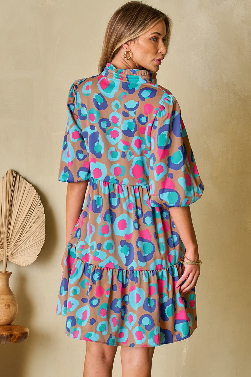 Blue Zone Planet |  Green Leopard Print Bubble Sleeve Slit Neck Ruffled Dress Blue Zone Planet