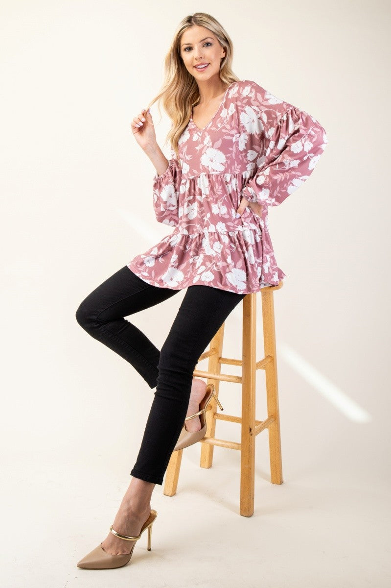 Celeste Full Size Tiered Floral V-Neck Long Sleeve Blouse-TOPS / DRESSES-[Adult]-[Female]-2022 Online Blue Zone Planet