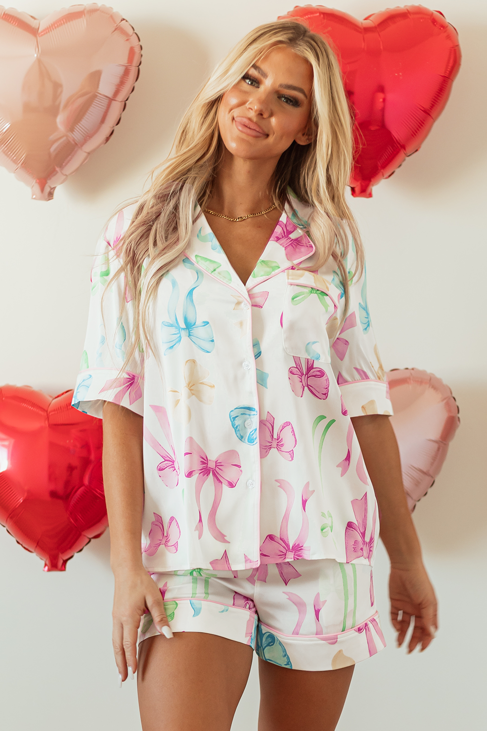 Blue Zone Planet | White Bowknot Print Buttoned Shirt High Waist Shorts Pajama Set-Loungewear & Sleepwear/Sleepwear-[Adult]-[Female]-2022 Online Blue Zone Planet