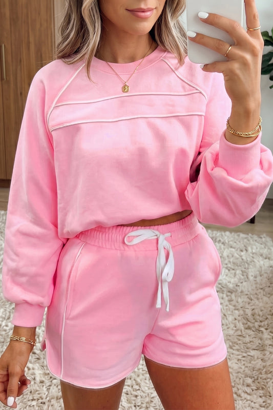 Pink Piping Trim Long Sporty Pullover Drawstring Elastic Waist Shorts Set-Two Piece Sets/Short Sets-[Adult]-[Female]-Pink-S-2022 Online Blue Zone Planet