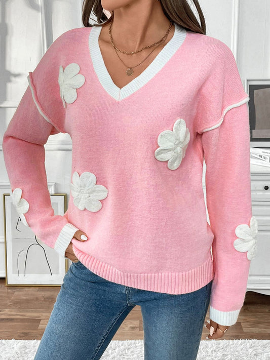 Perfee Flower V-Neck Long Sleeve Sweater-TOPS / DRESSES-[Adult]-[Female]-Pink-S-2022 Online Blue Zone Planet