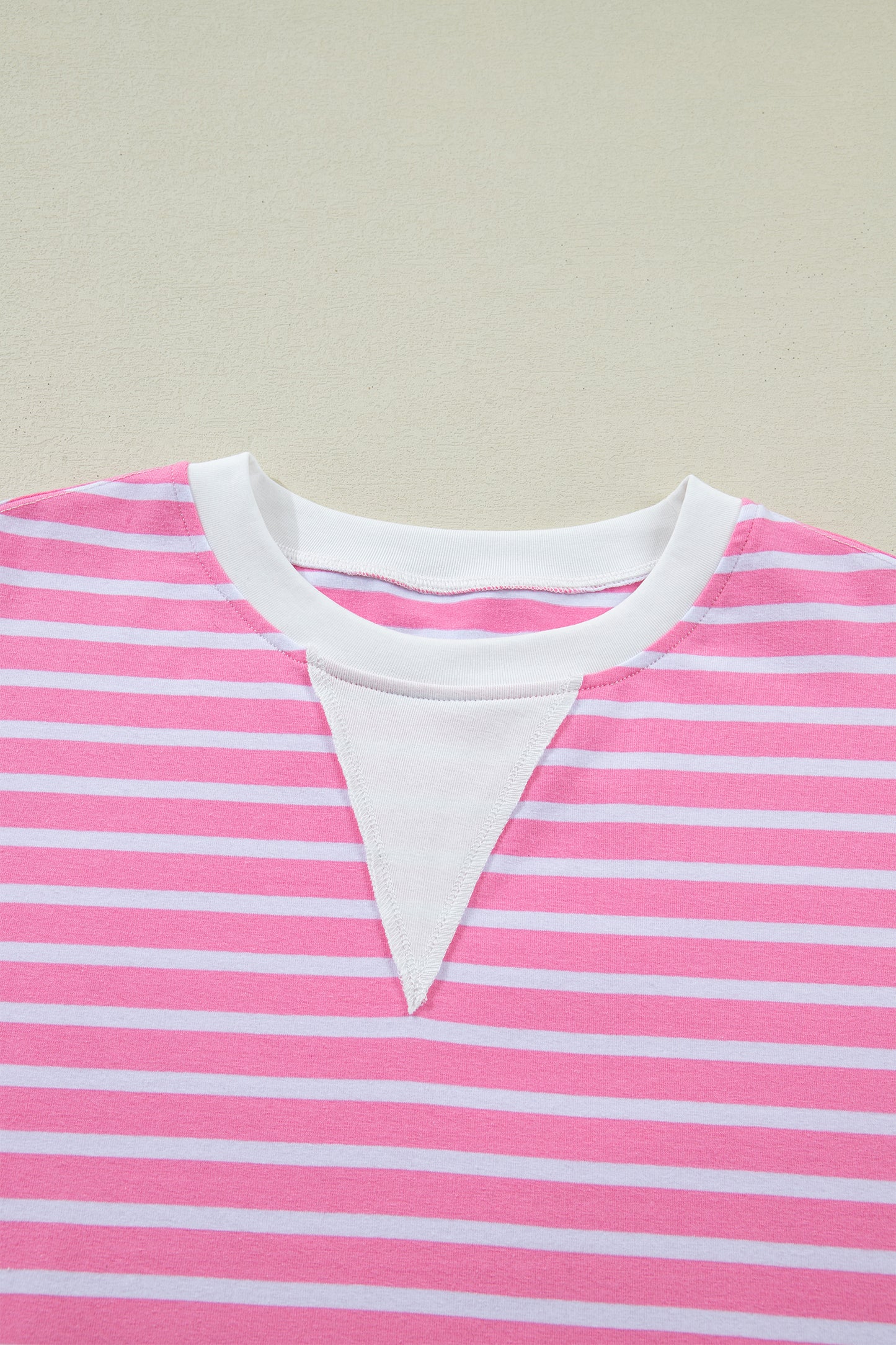 Pink Stripe Round Neck Drop Shoulder Short Sleeve Loose Top-Tops/Tops & Tees-[Adult]-[Female]-2022 Online Blue Zone Planet