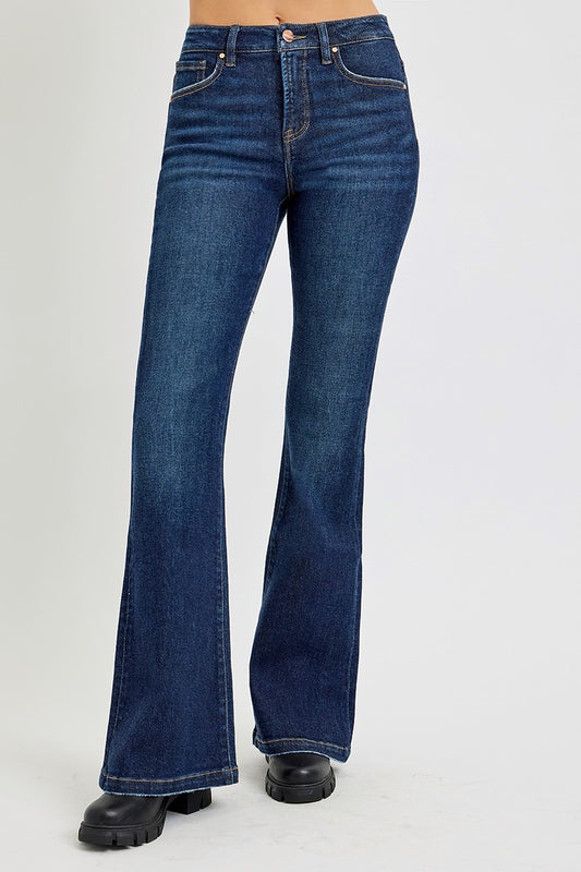 Blue Zone Planet | RISEN Full Size High Rise Flare Jeans with Pockets-BOTTOMS SIZES SMALL MEDIUM LARGE-[Adult]-[Female]-Dark-0(24)-2022 Online Blue Zone Planet