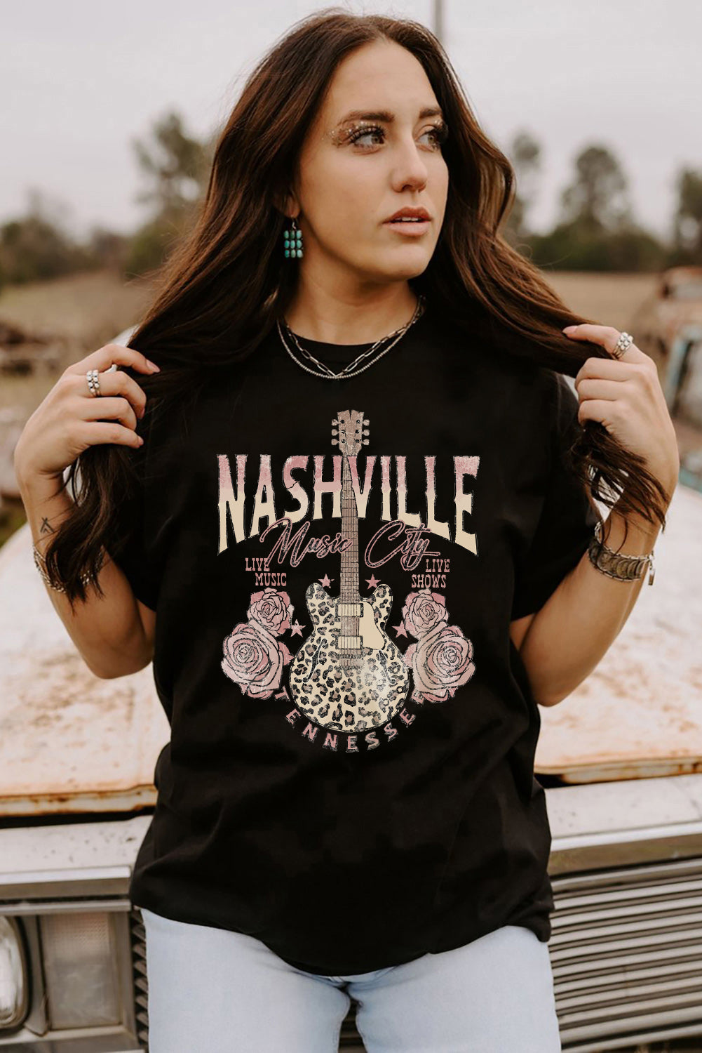 Black Nashville Music City Leopard Guitar Graphic T Shirt-Graphic/Graphic Tees-[Adult]-[Female]-2022 Online Blue Zone Planet