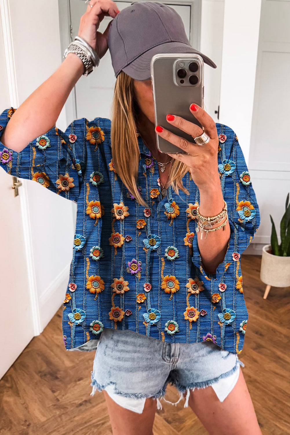 Blue Floral Collared V Neck Roll Up Sleeve Shift Blouse-Tops/Blouses & Shirts-[Adult]-[Female]-2022 Online Blue Zone Planet