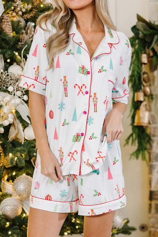 White Christmas Print Short Sleeve Shirt and Shorts Pajama Set-Loungewear & Sleepwear/Sleepwear-[Adult]-[Female]-White-S-2022 Online Blue Zone Planet