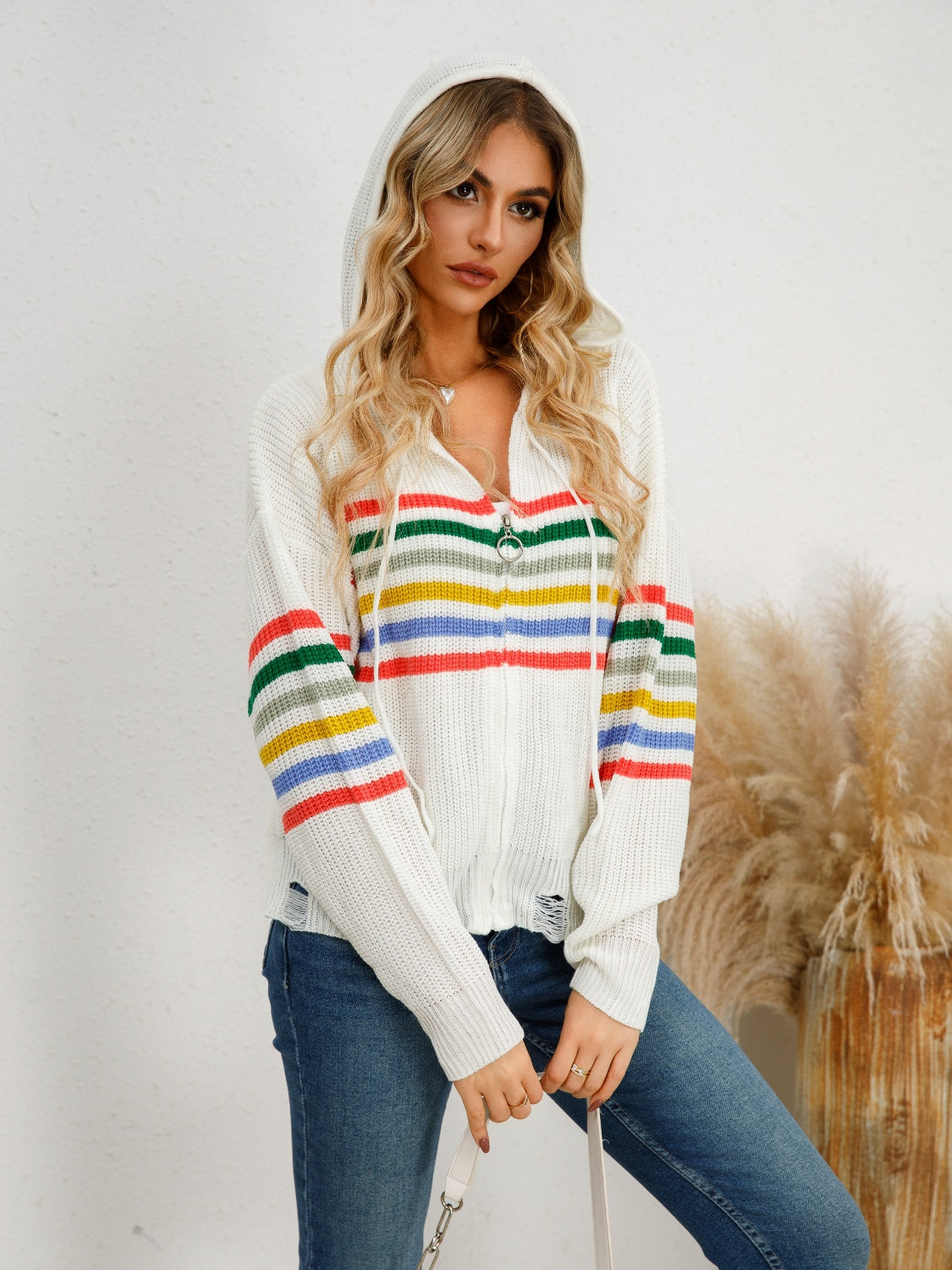 Drawstring Striped Dropped Shoulder Hooded Cardigan-TOPS / DRESSES-[Adult]-[Female]-2022 Online Blue Zone Planet