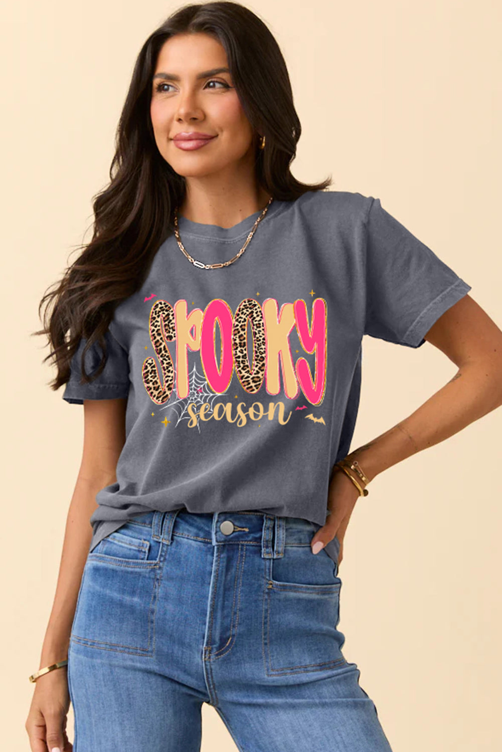 Gray Spooky Season Playful Halloween Graphic T Shirt-Graphic/Graphic Tees-[Adult]-[Female]-2022 Online Blue Zone Planet