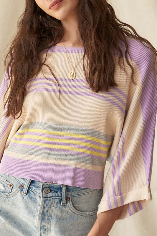 Blue Zone Planet | Contrast Striped Round Neck Three-Quarter Sleeve Top-TOPS / DRESSES-[Adult]-[Female]-Pink Purple-S-2022 Online Blue Zone Planet