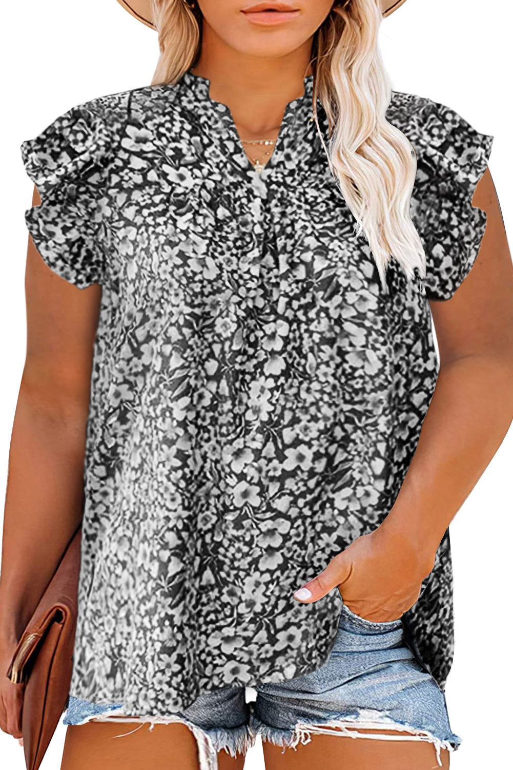 Black Rose Floral Print Ruffle Sleeve Plus Size Shift Top-Plus Size/Plus Size Tops/Plus Size Blouses & Shirts-[Adult]-[Female]-2022 Online Blue Zone Planet