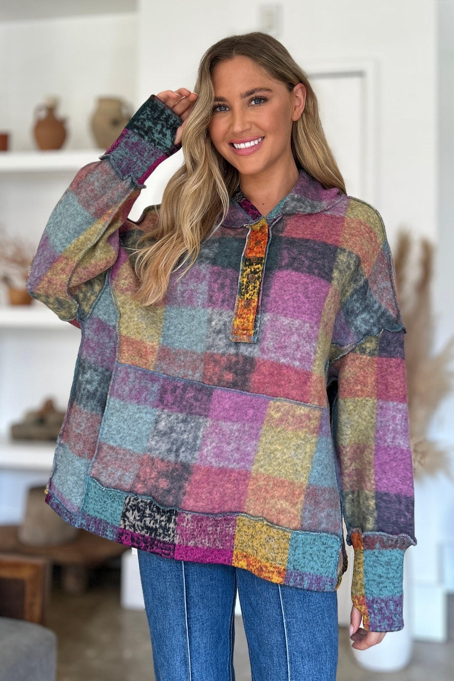 Double Take Full Size Plaid Dropped Shoulder Hoodie-HOODIES-[Adult]-[Female]-2022 Online Blue Zone Planet