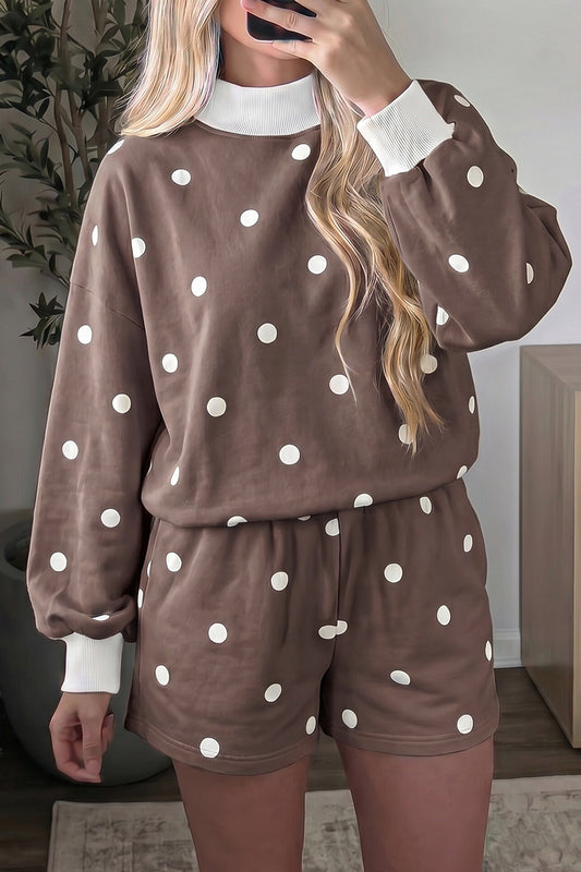 Brown Polka Dot Ribbed Trim Long Sleeve Top Casual Short Set-Two Piece Sets/Short Sets-[Adult]-[Female]-Brown-S-2022 Online Blue Zone Planet