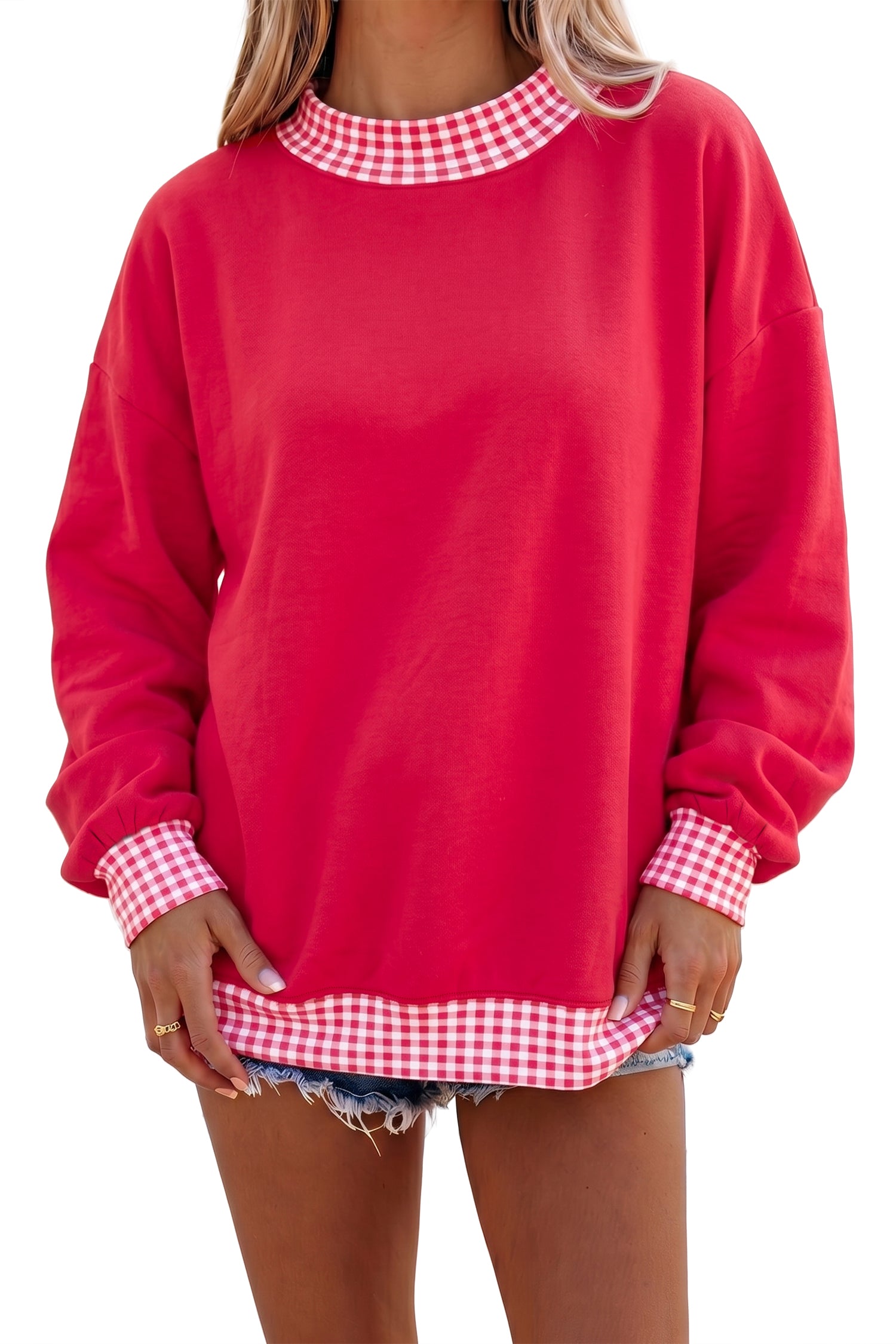 Fiery Red Colorblock Polka Dot Contrast Trim Oversized Sweatshirt-Tops/Sweatshirts & Hoodies-[Adult]-[Female]-2022 Online Blue Zone Planet