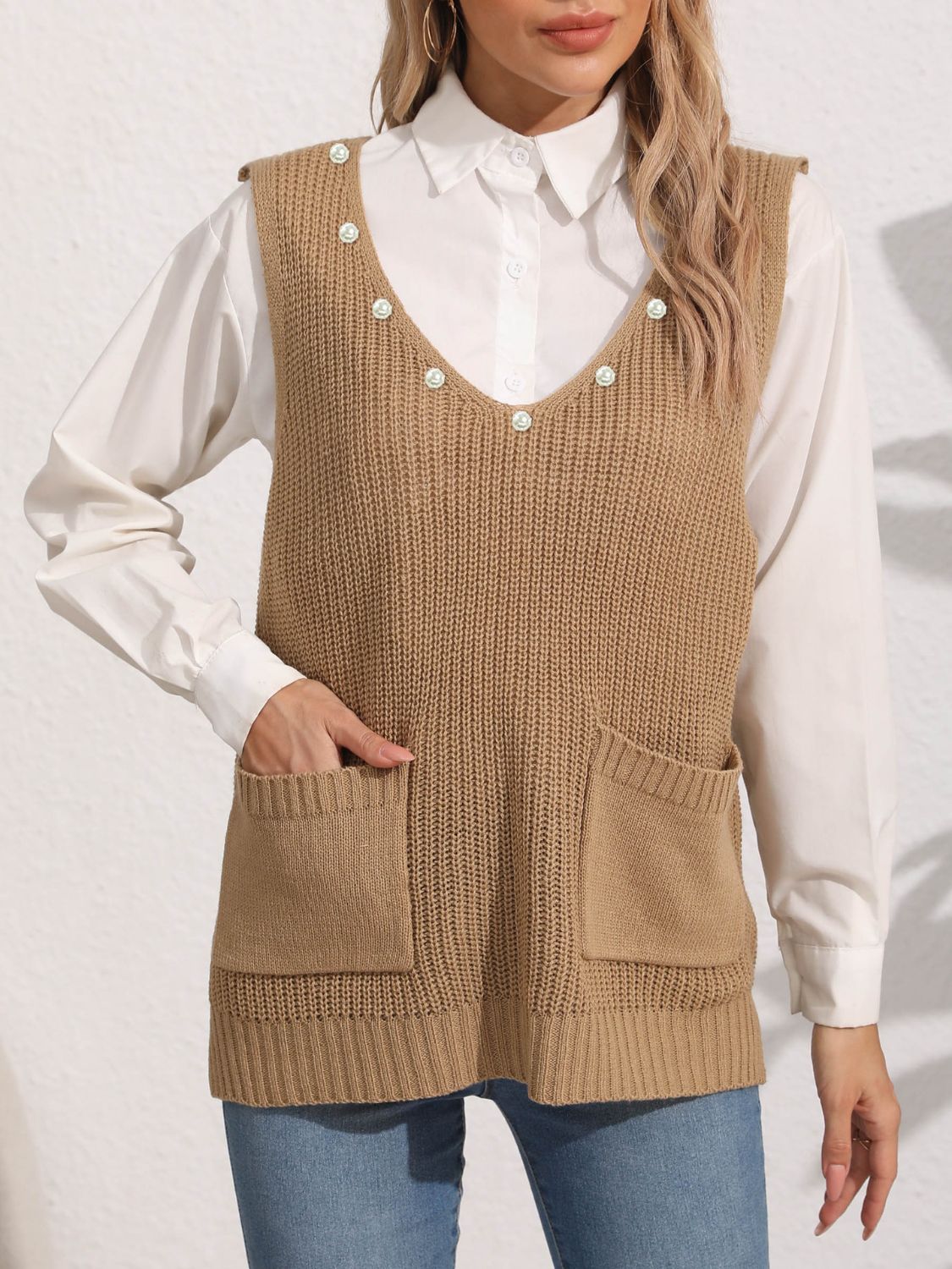 Slit V-Neck Sweater Vest-TOPS / DRESSES-[Adult]-[Female]-Camel-One Size-2022 Online Blue Zone Planet