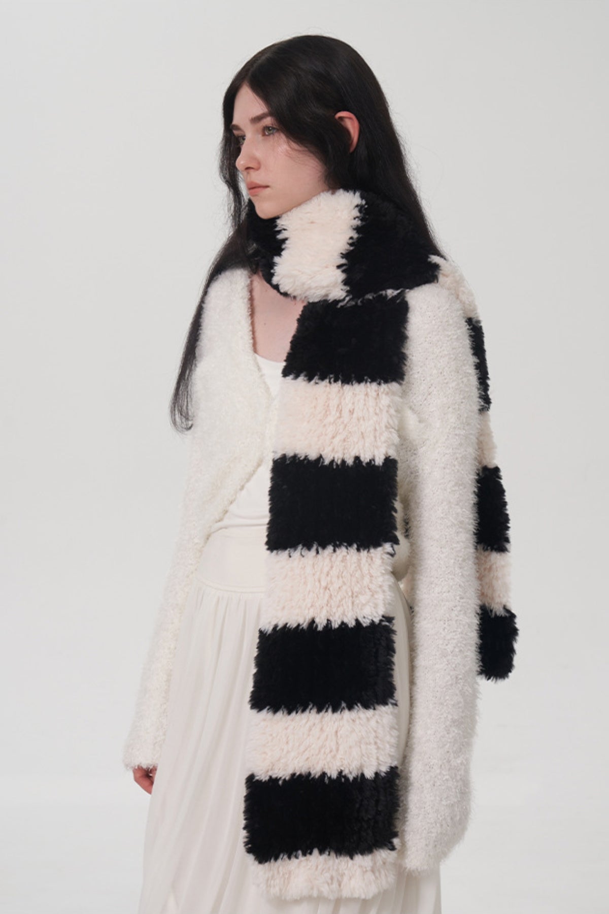 Fuzzy Contrast Striped Scarf-SCARVES-[Adult]-[Female]-Black-One Size-2022 Online Blue Zone Planet