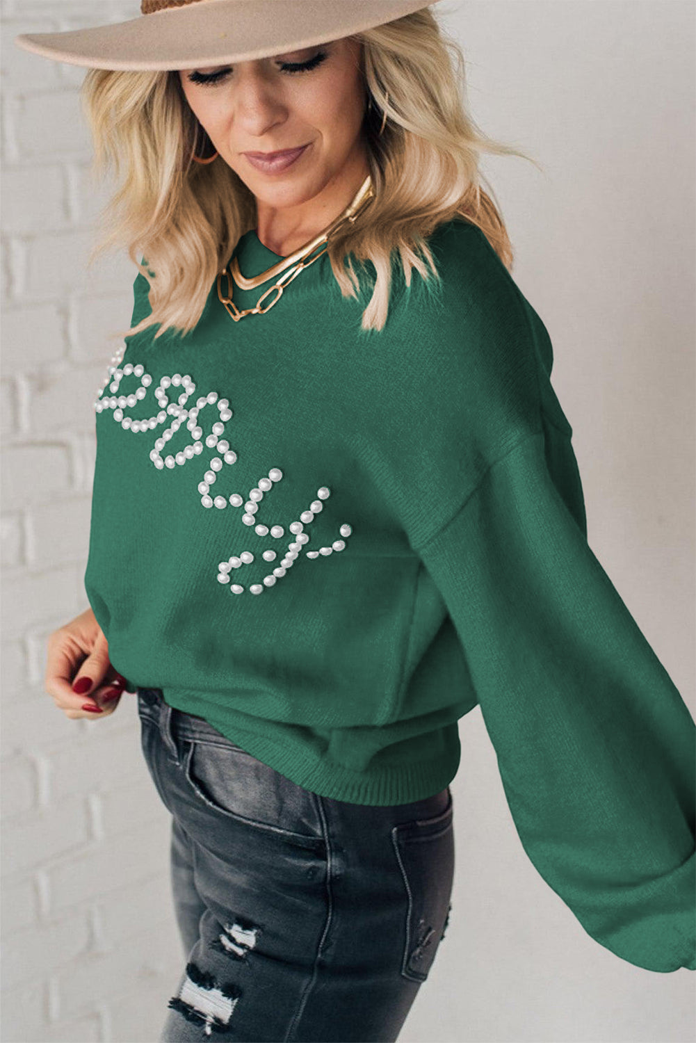 Blackish Green Pearl Beaded Merry Casual Sweater-Sweaters & Cardigans/Sweaters-[Adult]-[Female]-2022 Online Blue Zone Planet