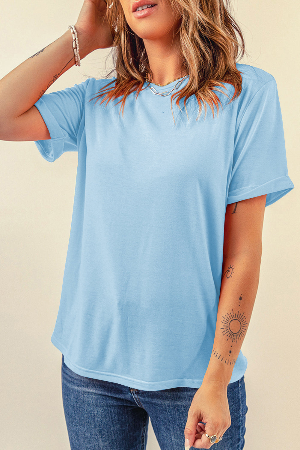 Light Blue Bright Casual Plain Crew Neck Tee-Tops/Tops & Tees-[Adult]-[Female]-Light Blue-S-2022 Online Blue Zone Planet
