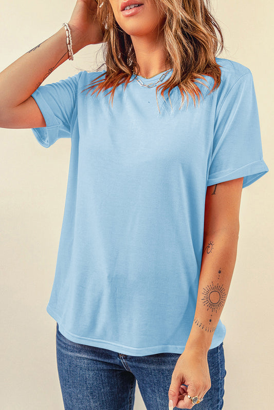 Light Blue Bright Casual Plain Crew Neck Tee-Tops/Tops & Tees-[Adult]-[Female]-Light Blue-S-2022 Online Blue Zone Planet