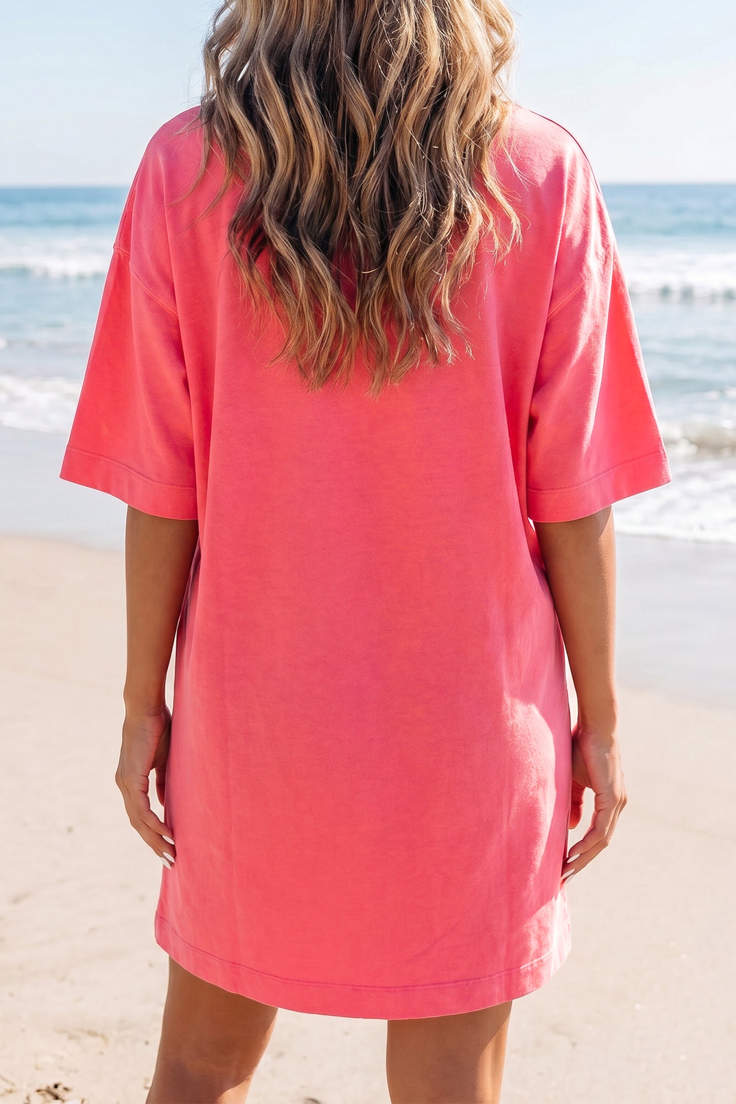 Coral Paradise Drop Shoulder Loose Casual T Shirt Mini Dress-TOPS / DRESSES-[Adult]-[Female]-2022 Online Blue Zone Planet