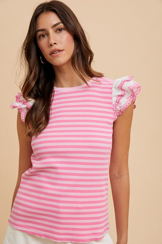 Annie Wear Ruffled Striped Round Neck Cap Sleeve Knit Top-TOPS / DRESSES-[Adult]-[Female]-2022 Online Blue Zone Planet