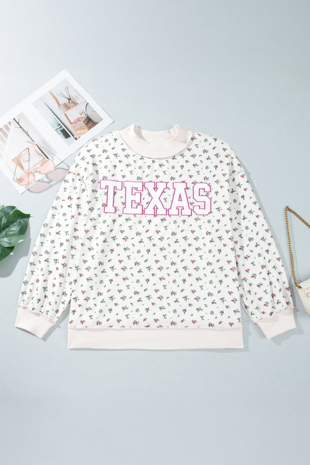 Apricot Floral Print Texas Long Sleeve Ribbed Neck Tunic Plus Size Sweatshirt-Plus Size/Plus Size Sweatshirts & Hoodies-[Adult]-[Female]-2022 Online Blue Zone Planet