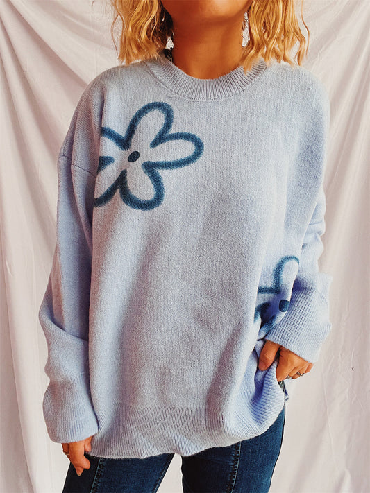 Flower Round Neck Long Sleeve Sweater-TOPS / DRESSES-[Adult]-[Female]-Light Blue-One Size-2022 Online Blue Zone Planet