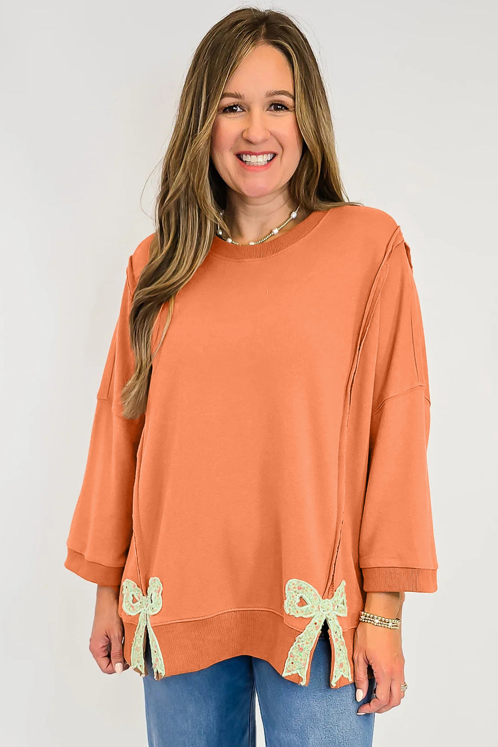 Grapefruit Orange Floral Bow Patched Exposed Seam Patchwork Slit Baggy Sweatshirt-Tops/Sweatshirts & Hoodies-[Adult]-[Female]-2022 Online Blue Zone Planet