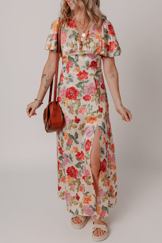 Multicolour Vintage Floral V Neck Short Sleeve Tie Back Long Slit Dress-TOPS / DRESSES-[Adult]-[Female]-Multicolour-S-2022 Online Blue Zone Planet