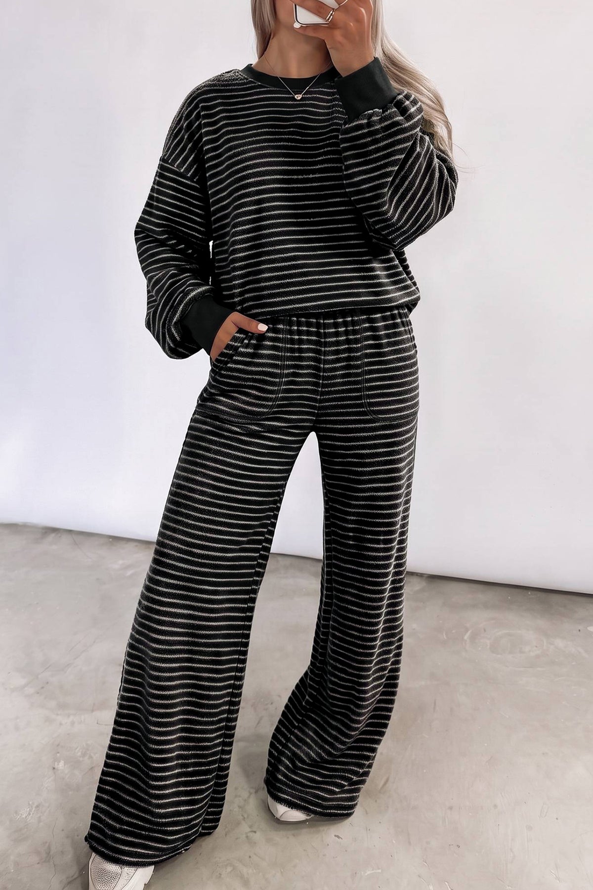 Black Stripe Cozy Terry Knit Long Sleeve Pullover Pocketed Shift Pants 2pcs Sets-Two Piece Sets/Pant Sets-[Adult]-[Female]-Black Stripe-S-2022 Online Blue Zone Planet