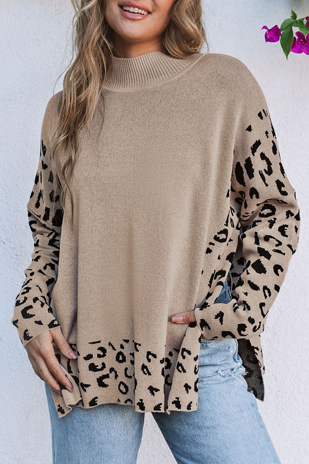 Khaki Leopard High Neck Side Slit Oversized Sweater-Sweaters & Cardigans/Sweaters-[Adult]-[Female]-2022 Online Blue Zone Planet