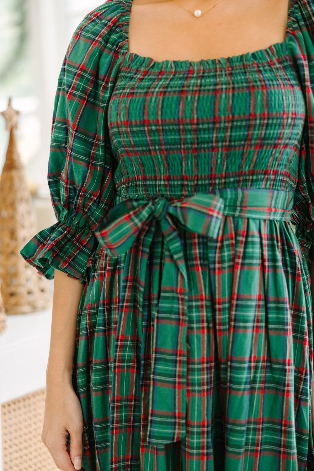 Green Tartan Plaid Square Neck Puff Sleeve Knot Waist Flared Midi Dress-TOPS / DRESSES-[Adult]-[Female]-2022 Online Blue Zone Planet