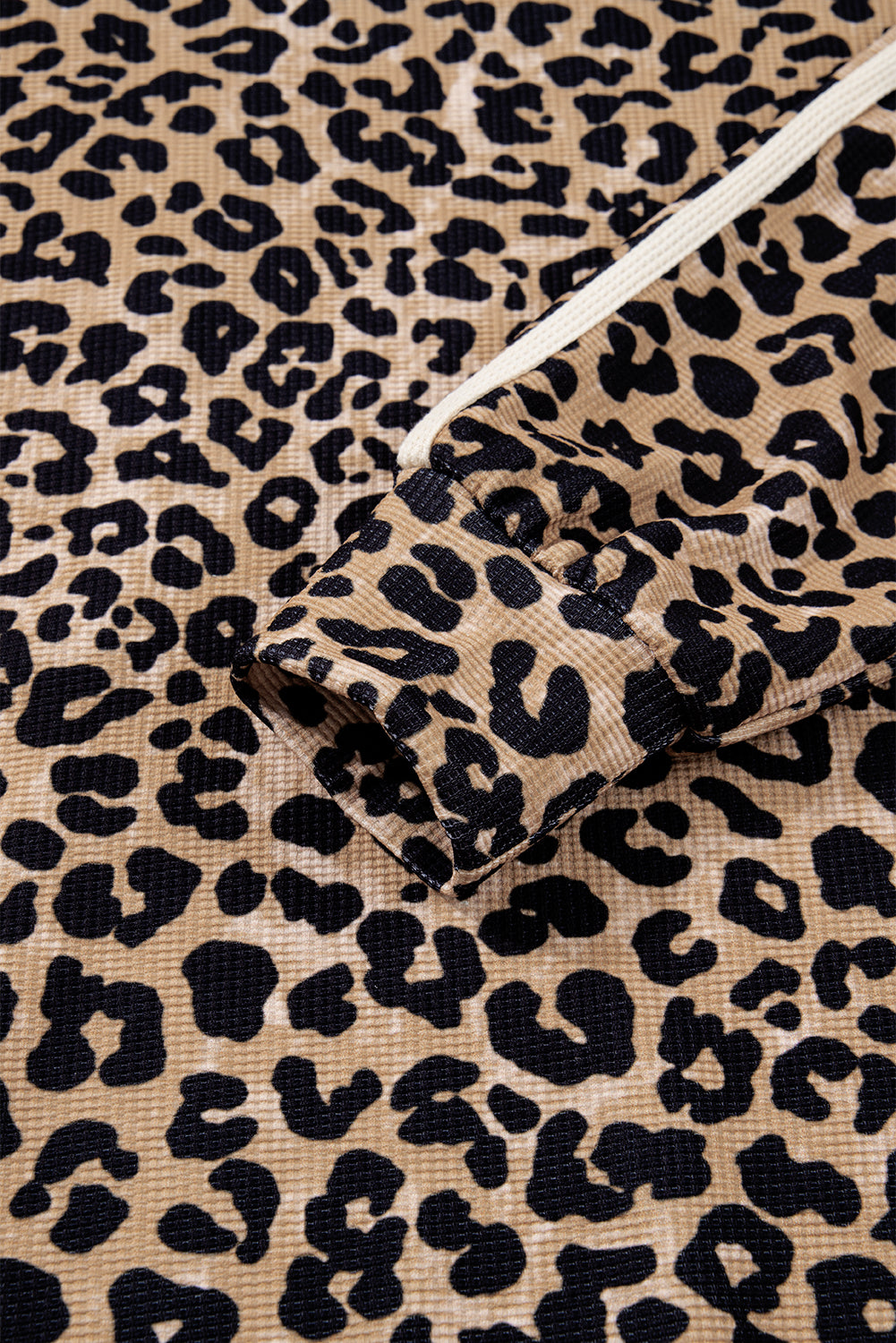 Leopard Print Waffle Contrast Kangaroo Pocket Hooded Sweatshirt-Tops / Dresses-[Adult]-[Female]-2022 Online Blue Zone Planet
